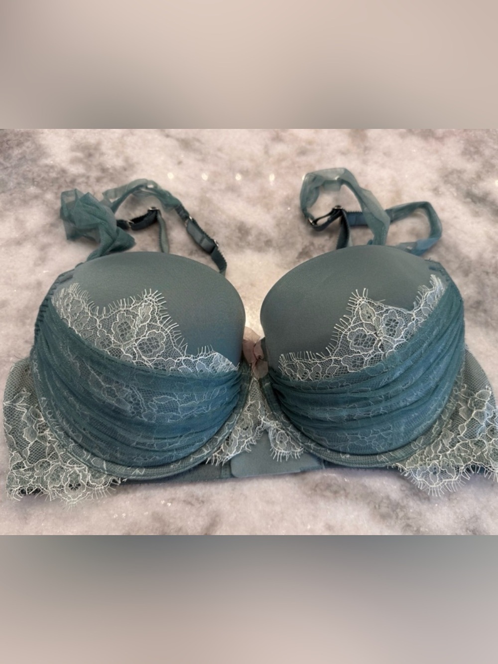 Victoria’s Secret Dream Angels Balconet Bra 36D Teal Lace Mesh Sexy Feminine